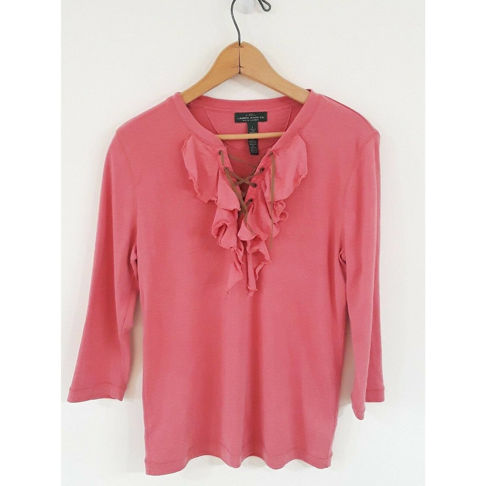 Womens LRL Ralph Lauren Coral Lace Up Bohemian Spring Top with Leather Details